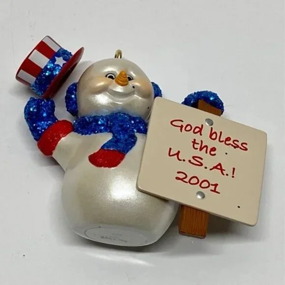 Vintage Christmas Ornament Patriotic Frosty Snowman God‎ Bless USA Hallmark 1999 - Picture 5 of 10